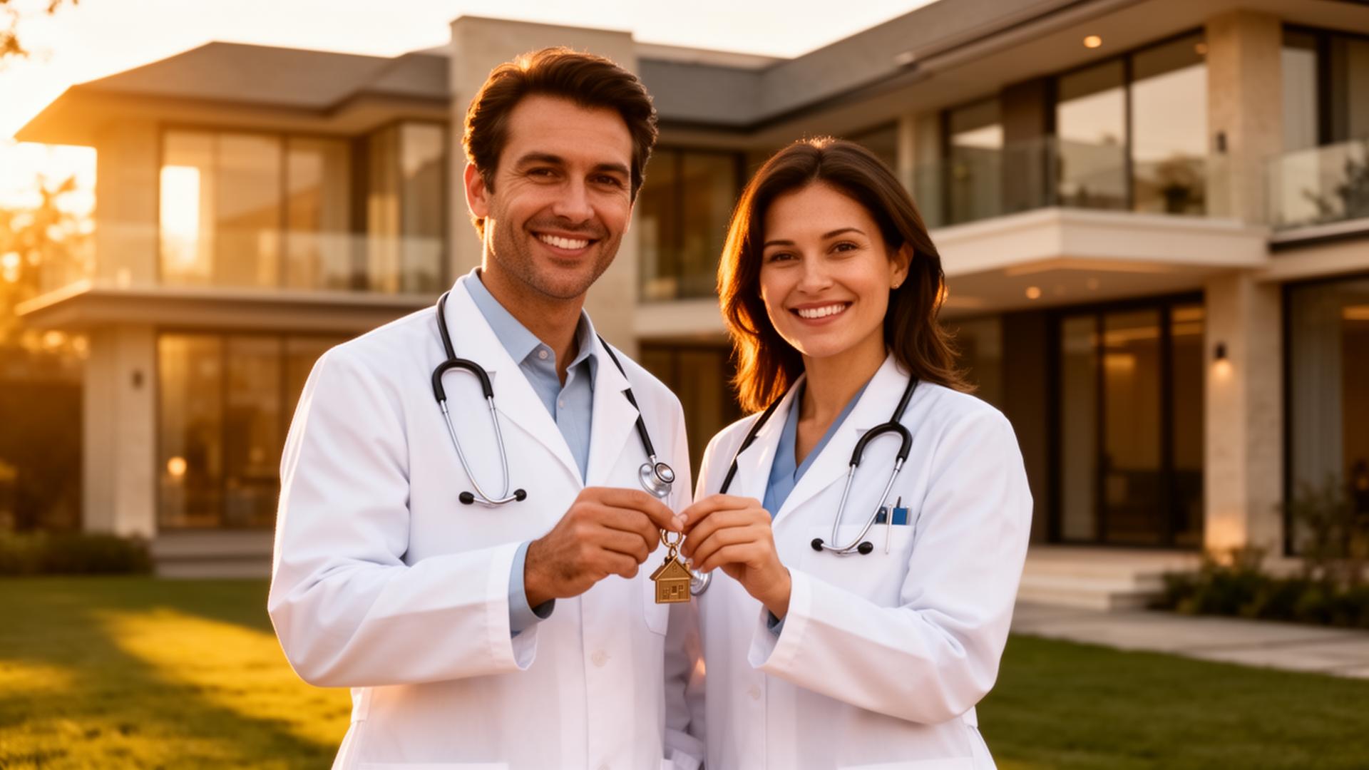 Physician and family receiving keys to their new luxury home at golden hour